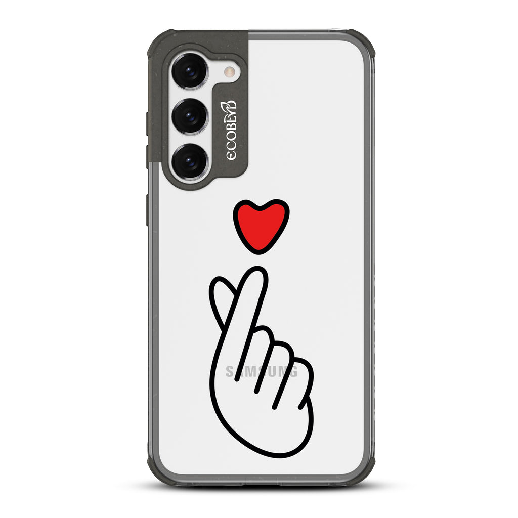 Finger Heart - Black Eco-Friendly Galaxy S23 Case With Red Heart Above Finger Heart Gesture On A Clear Back