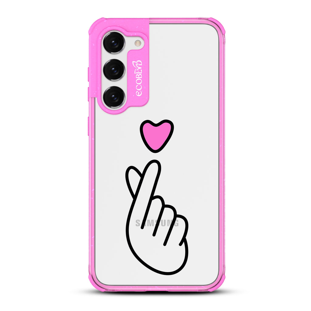 Finger Heart - Pink Eco-Friendly Galaxy S23 Case With Pink Heart Above Finger Heart Gesture On A Clear Back