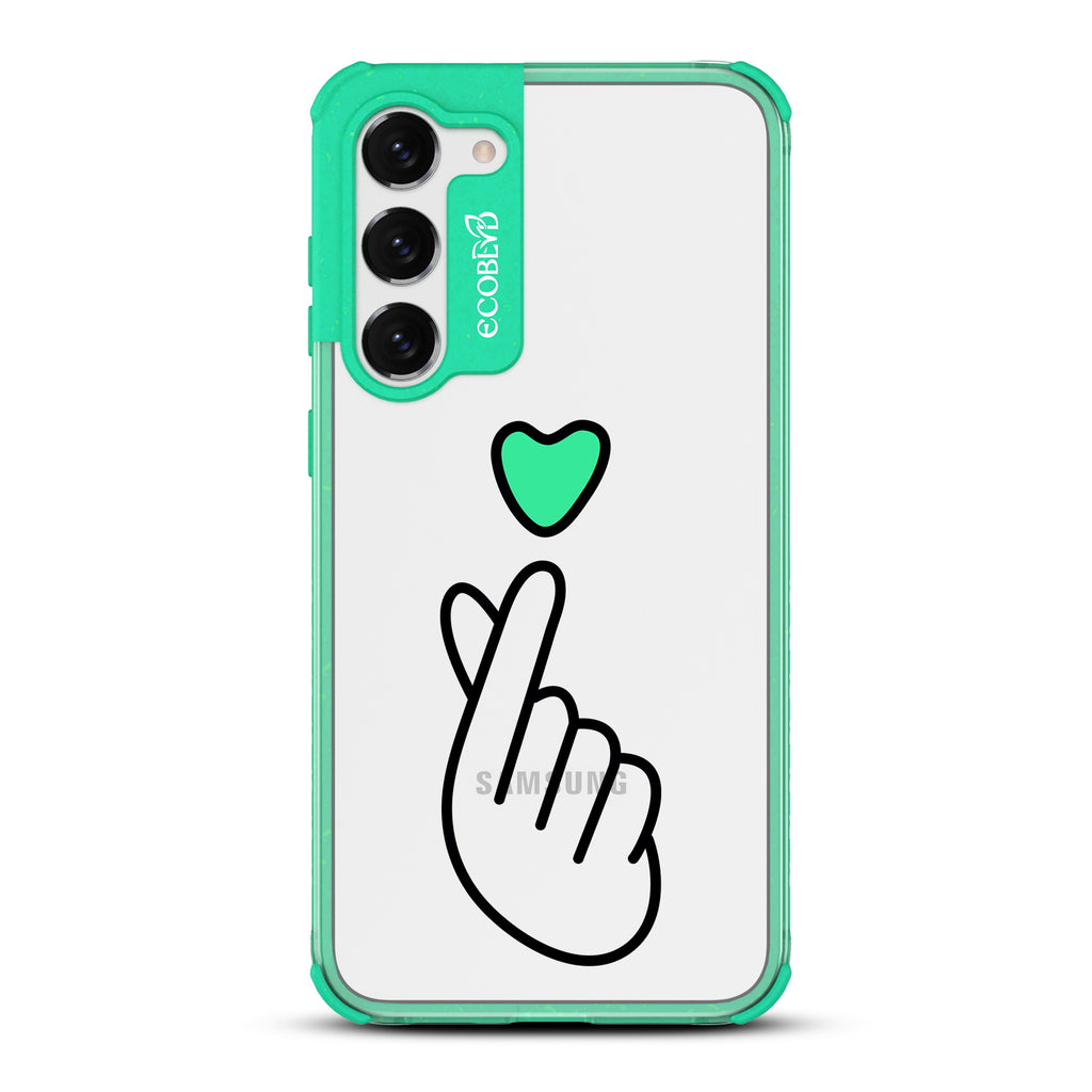 Finger Heart - Green Eco-Friendly Galaxy S23 Case With Green Heart Above Finger Heart Gesture On A Clear Back