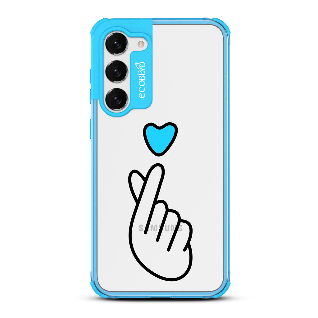 Finger Heart - Blue Eco-Friendly Galaxy S23 Case With Blue Heart Above Finger Heart Gesture On A Clear Back