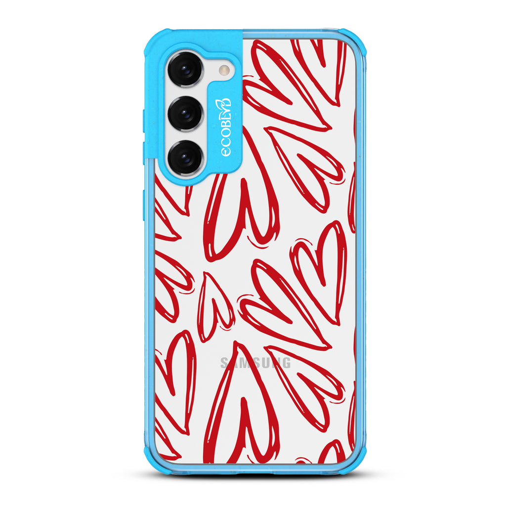 Heartfelt - Blue Eco-Friendly Galaxy S23 Case With Painted / Sketched Red Hearts On A Clear Back