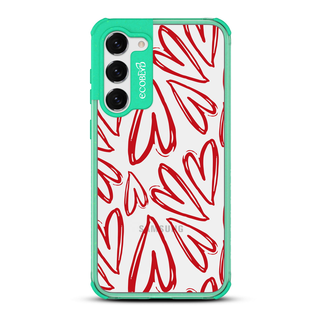 Heartfelt - Green Eco-Friendly Galaxy S23 Case With Painted / Sketched Red Hearts On A Clear Back