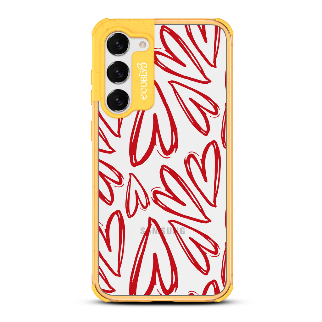 Heartfelt - Yellow Eco-Friendly Galaxy S23 Case With Painted / Sketched Red Hearts On A Clear Back