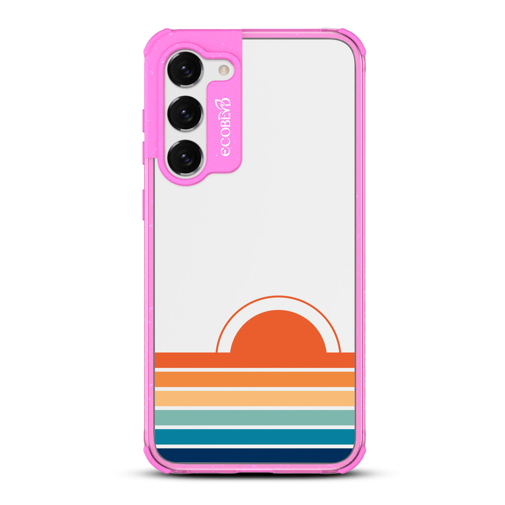 Rise N??????Shine - Pink Eco-Friendly Galaxy S23 Case With A Sun Rising From Rainbow Stripes On A Clear Back