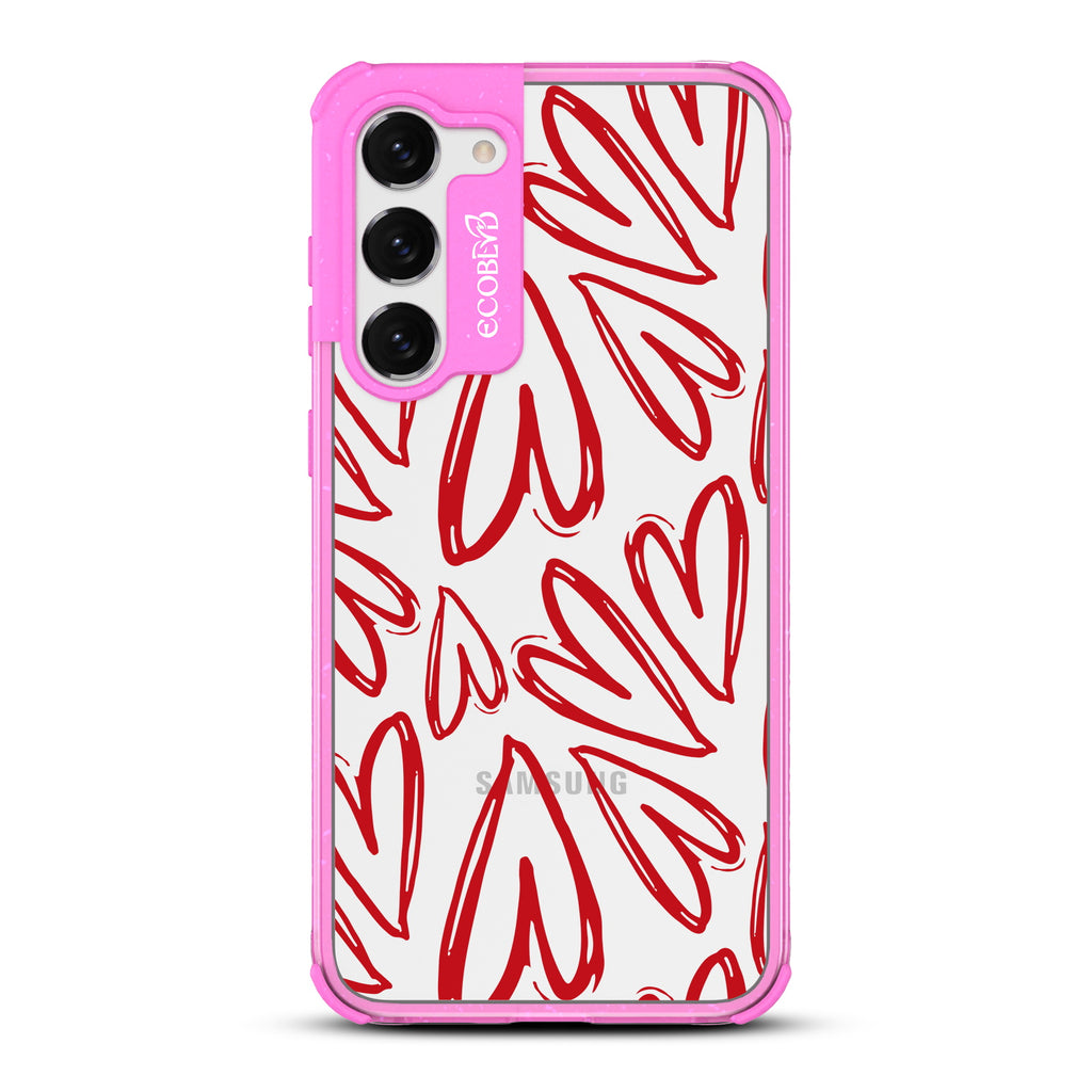 Heartfelt - Pink Eco-Friendly Galaxy S23 Plus Case With Painted / Sketched Red Hearts On A Clear Back