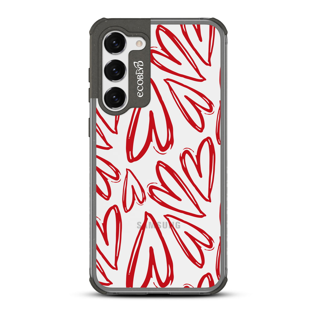 Heartfelt - Black Eco-Friendly Galaxy S23 Case With Painted / Sketched Red Hearts On A Clear Back