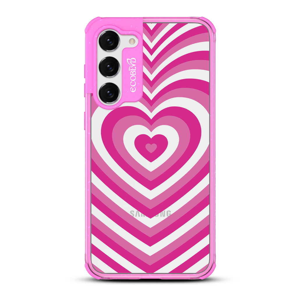 Tunnel Of Love - Pink Eco-Friendly Galaxy S23 Case With A Small Pink Heart Gradually Growing Large On A Clear Back