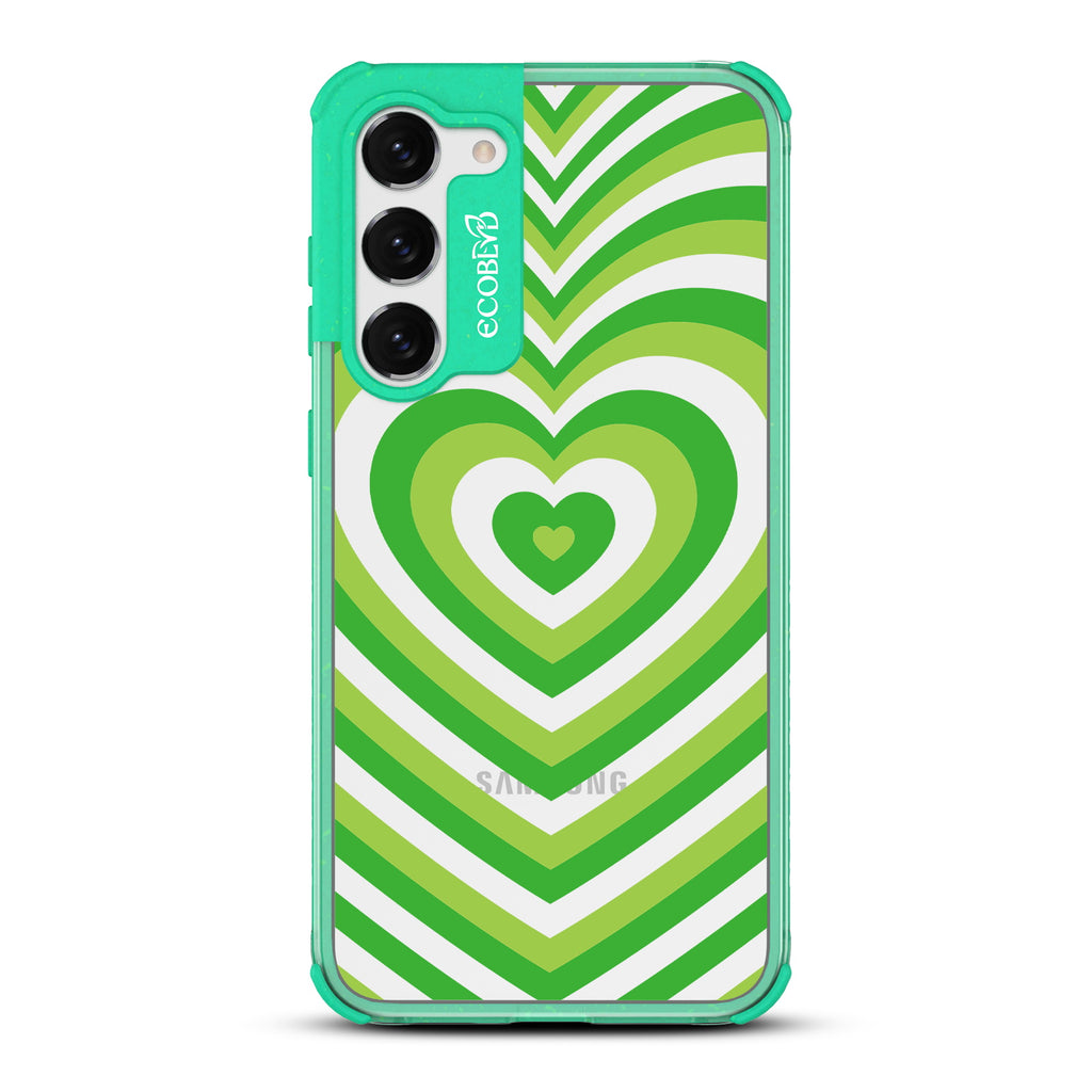 Tunnel Of Love - Green Eco-Friendly Galaxy S23 Case With A Small Green Heart Gradually Growing Large On A Clear Back