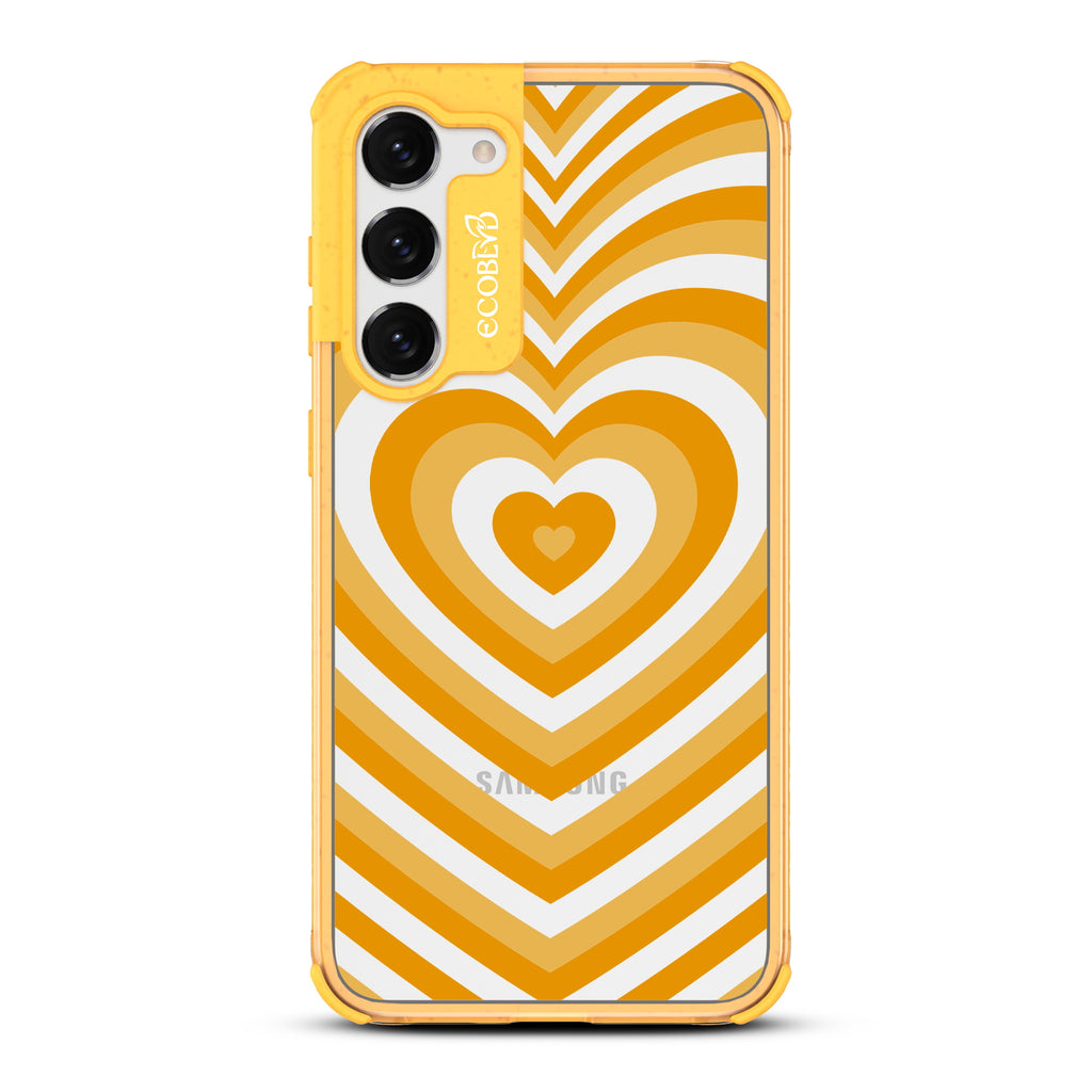 Tunnel Of Love - Yellow Eco-Friendly Galaxy S23 Plus Case With A Small Yellow Heart Gradually Growing Large On A Clear Back