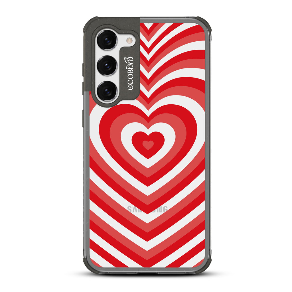 Tunnel Of Love - Black Eco-Friendly Galaxy S23 Case With A Small Red Heart Gradually Growing Large On A Clear Back