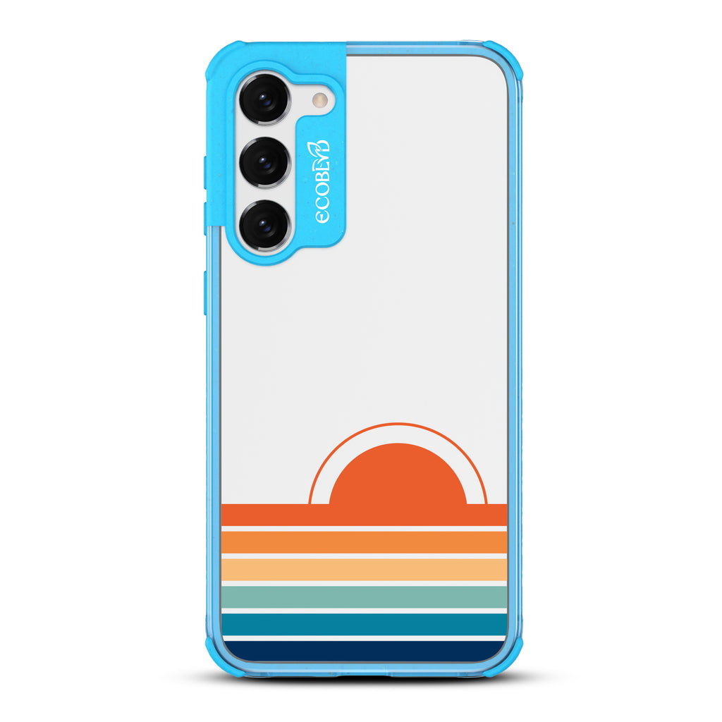 Rise N’ Shine - Blue Eco-Friendly Galaxy S23 Case With A Sun Rising From Rainbow Stripes On A Clear Back