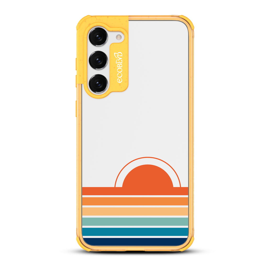 Rise N??????Shine - Yellow Eco-Friendly Galaxy S23 Case With A Sun Rising From Rainbow Stripes On A Clear Back