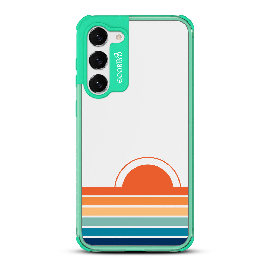 Rise N’ Shine - Green Eco-Friendly Galaxy S23 Case With A Sun Rising From Rainbow Stripes On A Clear Back