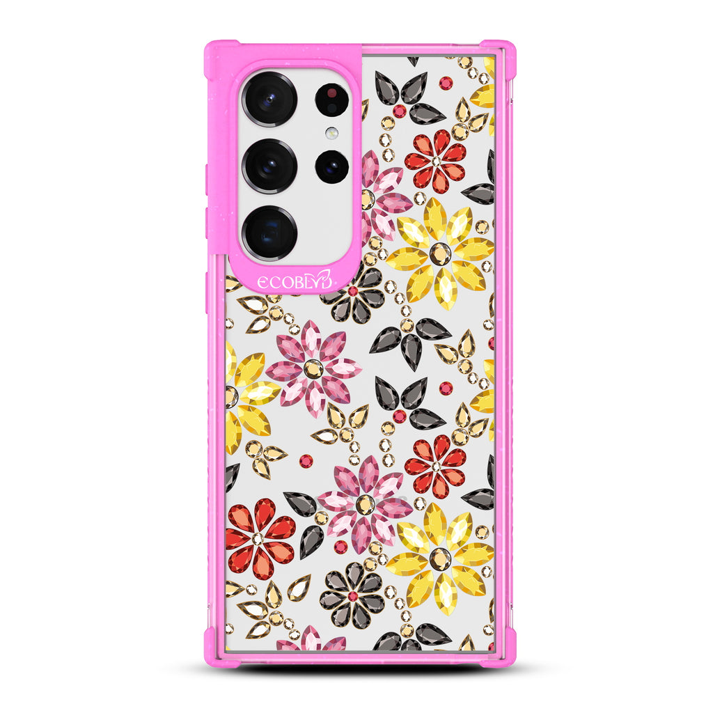 Bejeweled - Pink Eco-Friendly Galaxy S23 Ultra Case with Colorful Floral Bejeweled Patterns On A Clear Back