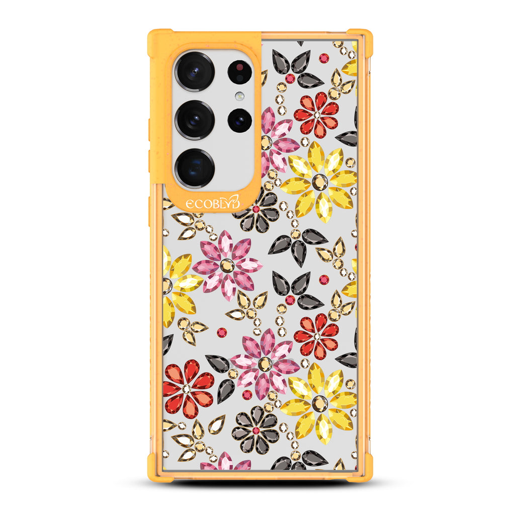 Bejeweled - Yellow Eco-Friendly Galaxy S23 Ultra Case with Colorful Floral Bejeweled Patterns On A Clear Back