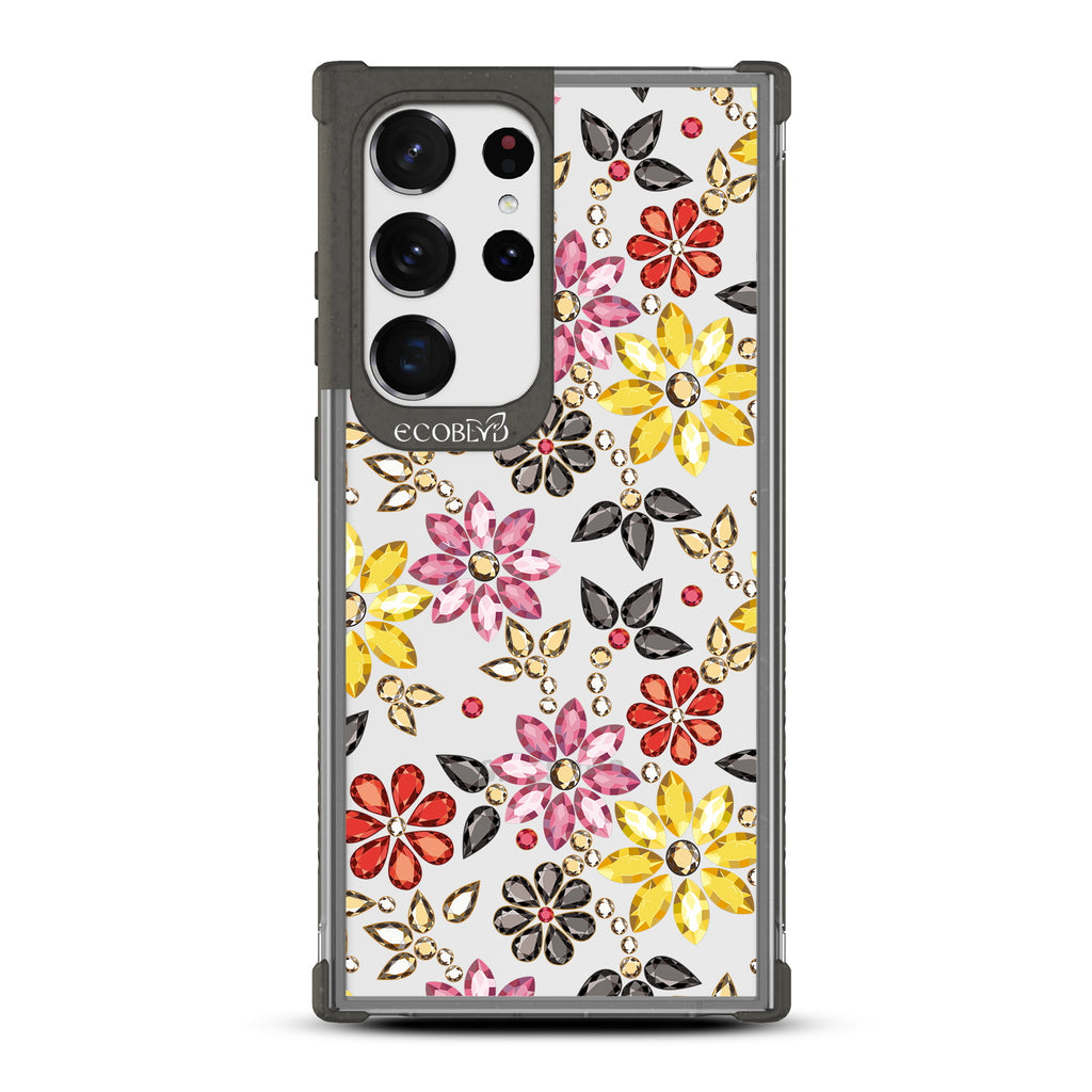 Bejeweled - Black Eco-Friendly Galaxy S23 Ultra Case with Colorful Floral Bejeweled Patterns On A Clear Back
