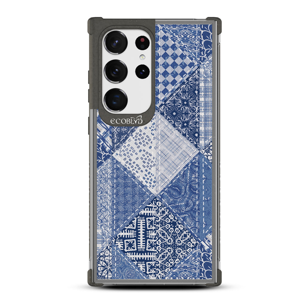 Tailor Made - Black Eco-Friendly Galaxy S23 Ultra Case With Patchwork Blue Denim With Paisley Patches On A Clear Back