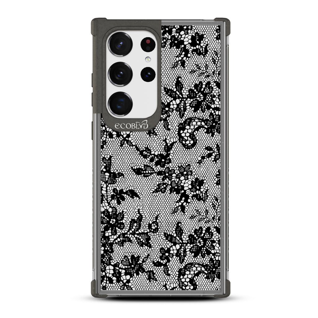 Lace Me Up - Black Eco-Friendly Galaxy S23 Ultra Case With French Chantilly Floral Lace Trim On A Clear Back