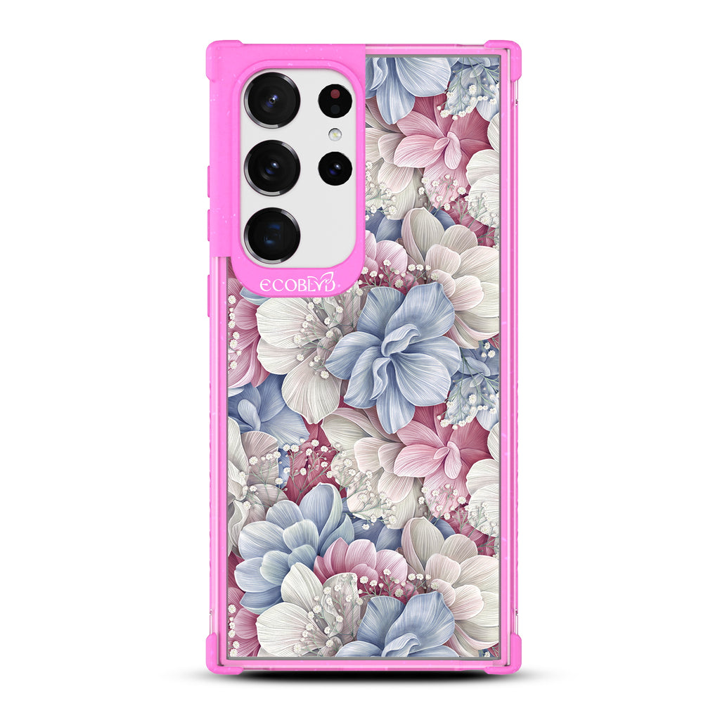 Petals & Pearls Design - Pink Eco-Friendly Galaxy S23 Ultra Case With A Dewey Pastel-Colored Watercolor Hydrangeas On A Clear Back