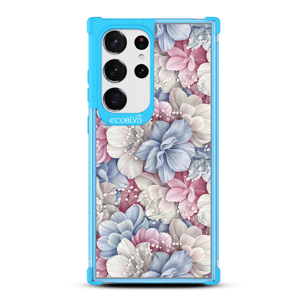 Petals & Pearls Design - Blue Eco-Friendly Galaxy S23 Ultra Case With A Dewey Pastel-Colored Watercolor Hydrangeas On A Clear Back