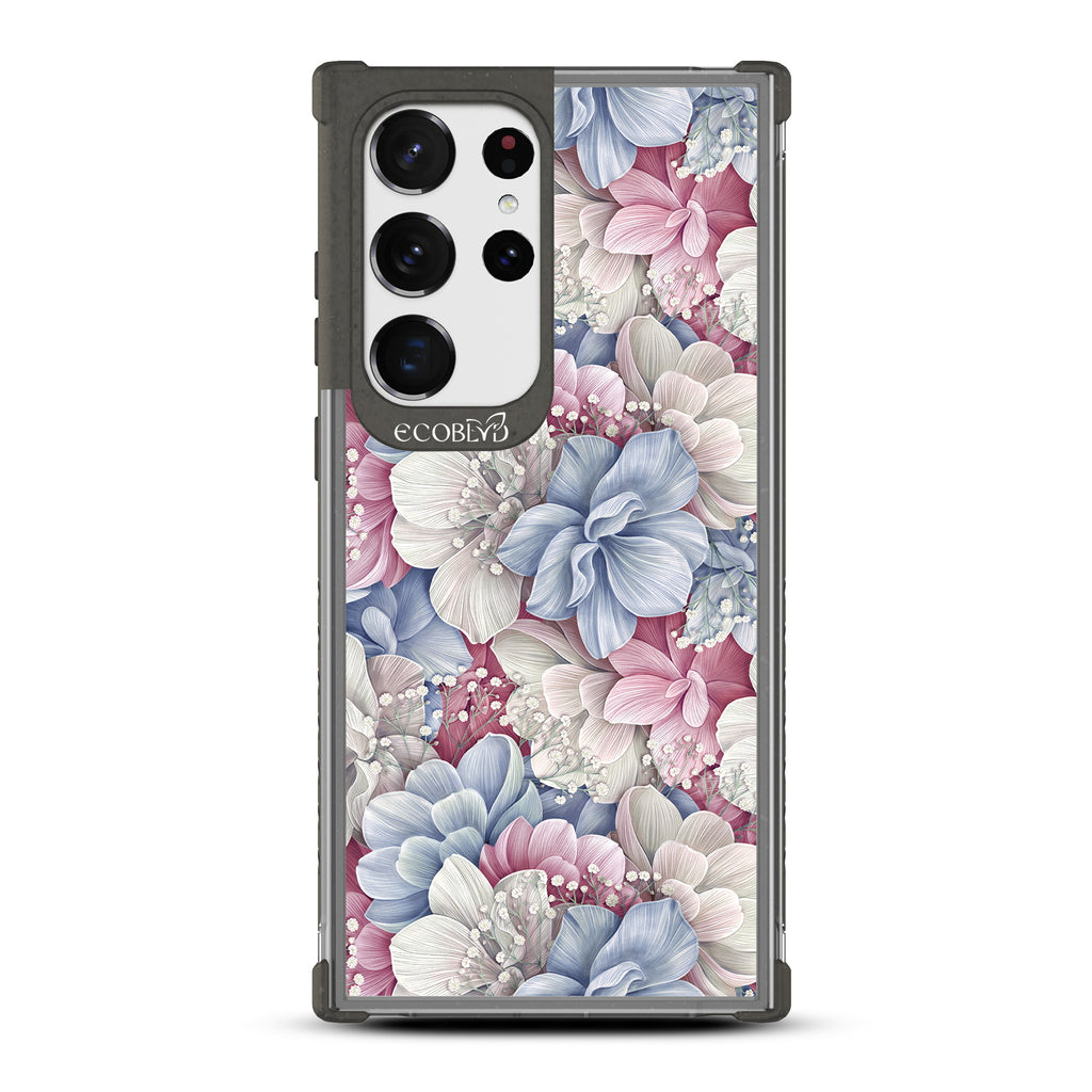 Petals & Pearls Design - Black Eco-Friendly Galaxy S23 Ultra Case With A Dewey Pastel-Colored Watercolor Hydrangeas On A Clear Back