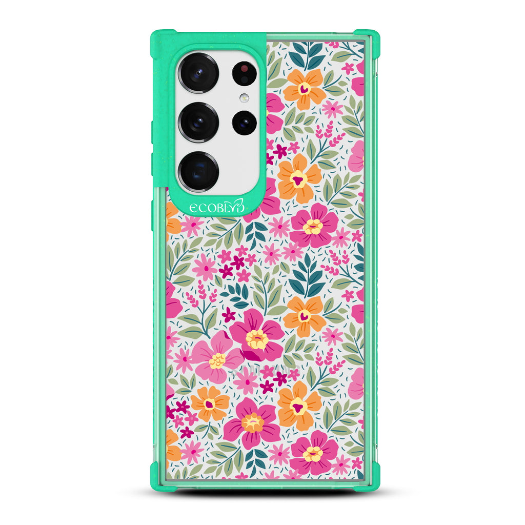 Wallflowers - Green Eco-Friendly Galaxy S23 Ultra Case With Bright, Colorful Vintage Cartoon Flowers with Leaves On A Clear Back