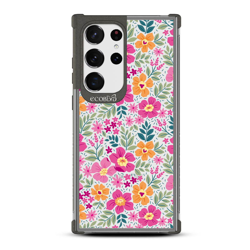 Wallflowers - Black Eco-Friendly Galaxy S23 Ultra Case With Bright, Colorful Vintage Cartoon Flowers with Leaves On A Clear Back