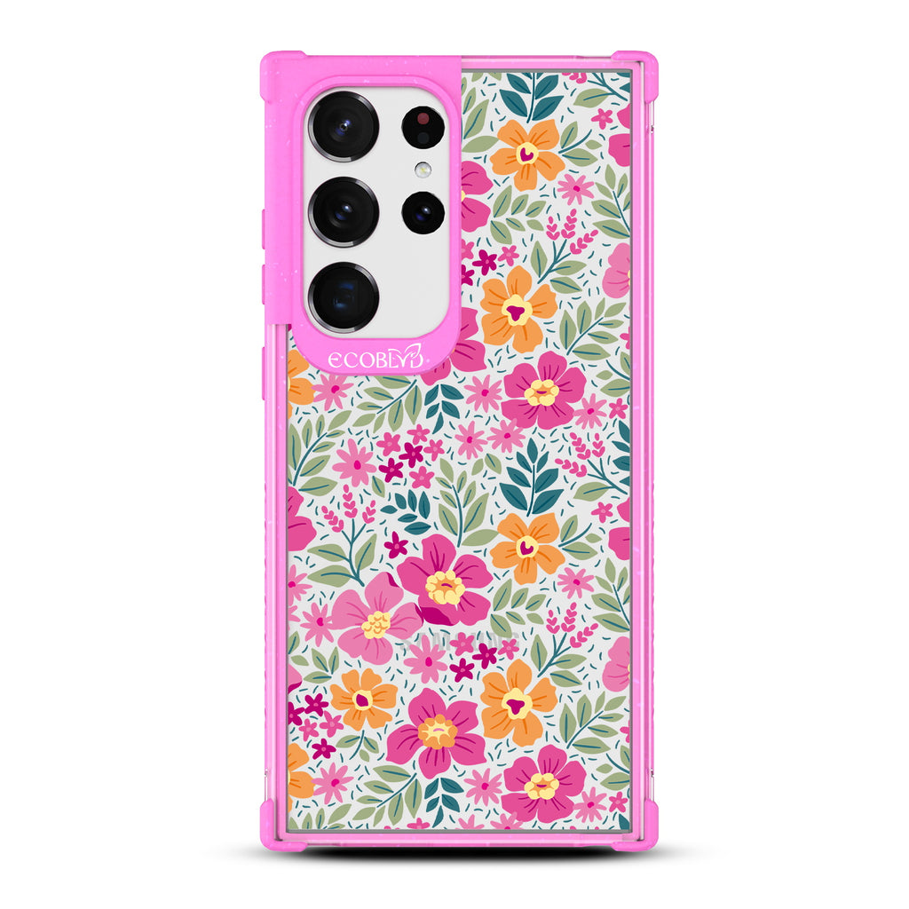Wallflowers - Pink Eco-Friendly Galaxy S23 Ultra Case With Bright, Colorful Vintage Cartoon Flowers with Leaves On A Clear Back