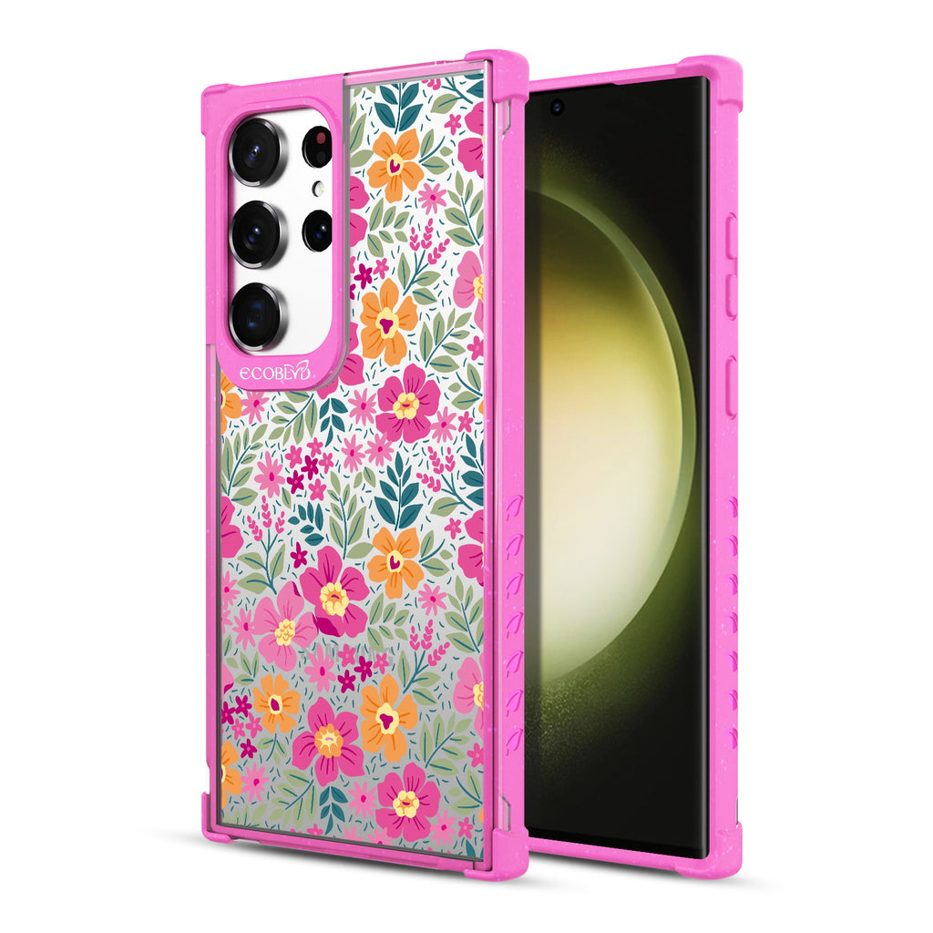 Wallflowers - Back View Of Pink & Clear Eco-Friendly Galaxy S23 Ultra Case & A Front View Of The Screen