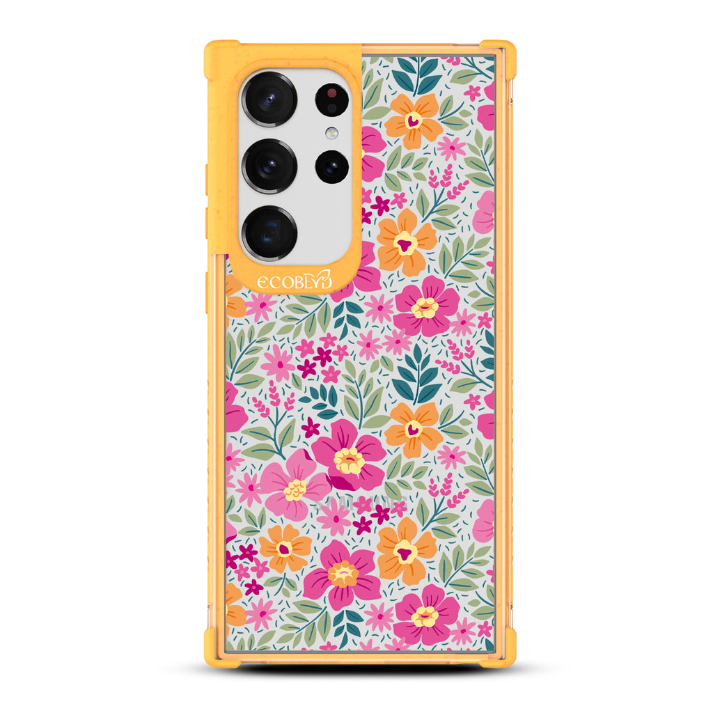 Wallflowers - Yellow Eco-Friendly Galaxy S23 Ultra Case With Bright, Colorful Vintage Cartoon Flowers with Leaves On A Clear Back