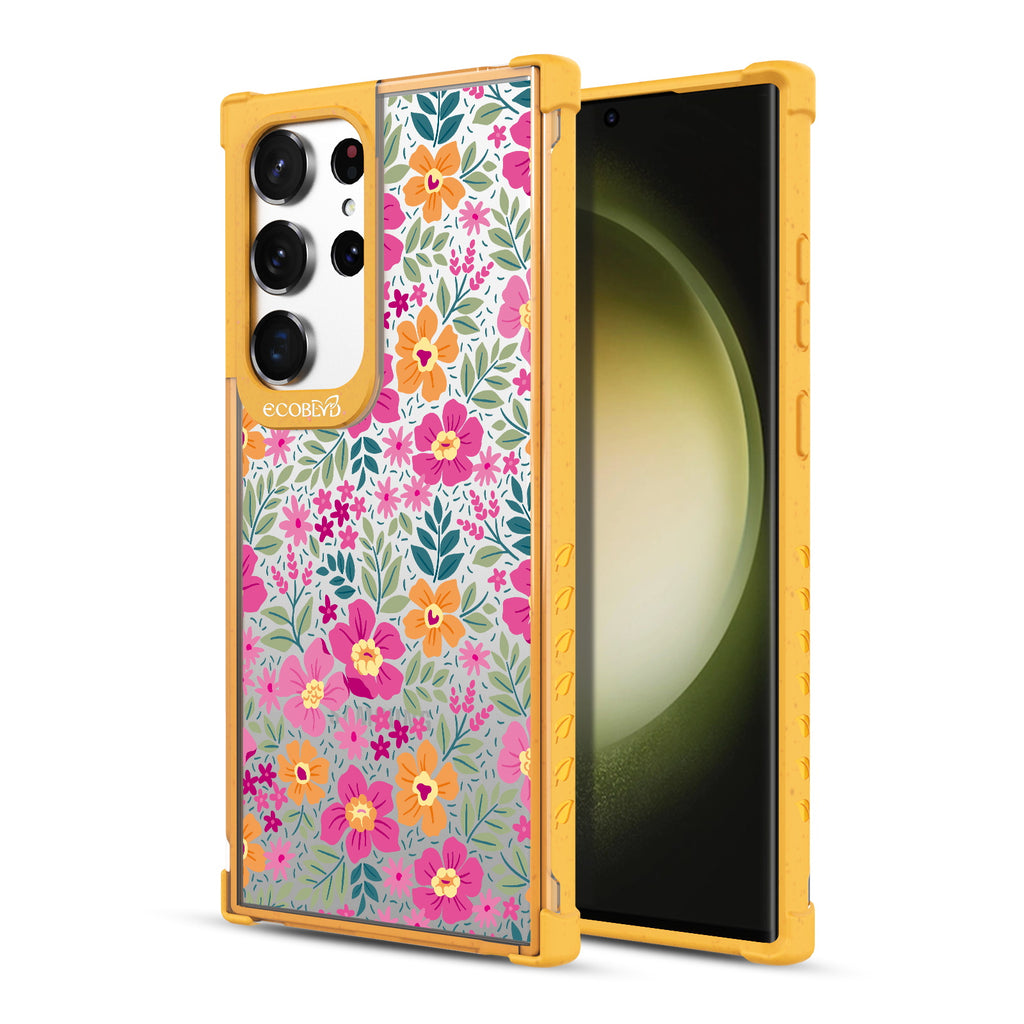 Wallflowers - Back View Of Yellow & Clear Eco-Friendly Galaxy S23 Ultra Case & A Front View Of The Screen