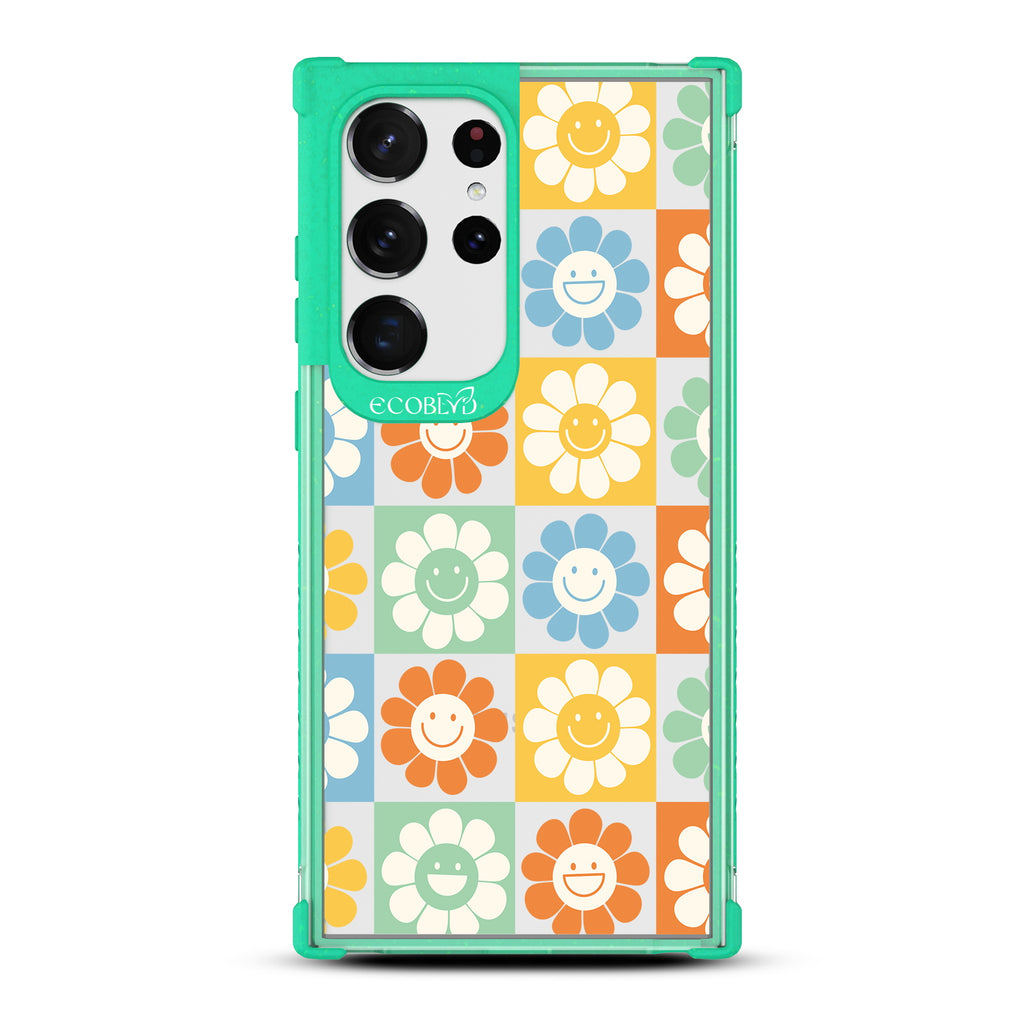 Flower Power - Green Eco-Friendly Galaxy S23 Ultra Case With 70's Gingham Cartoon Flowers W/ Smiley Faces Pattern On A Clear Back