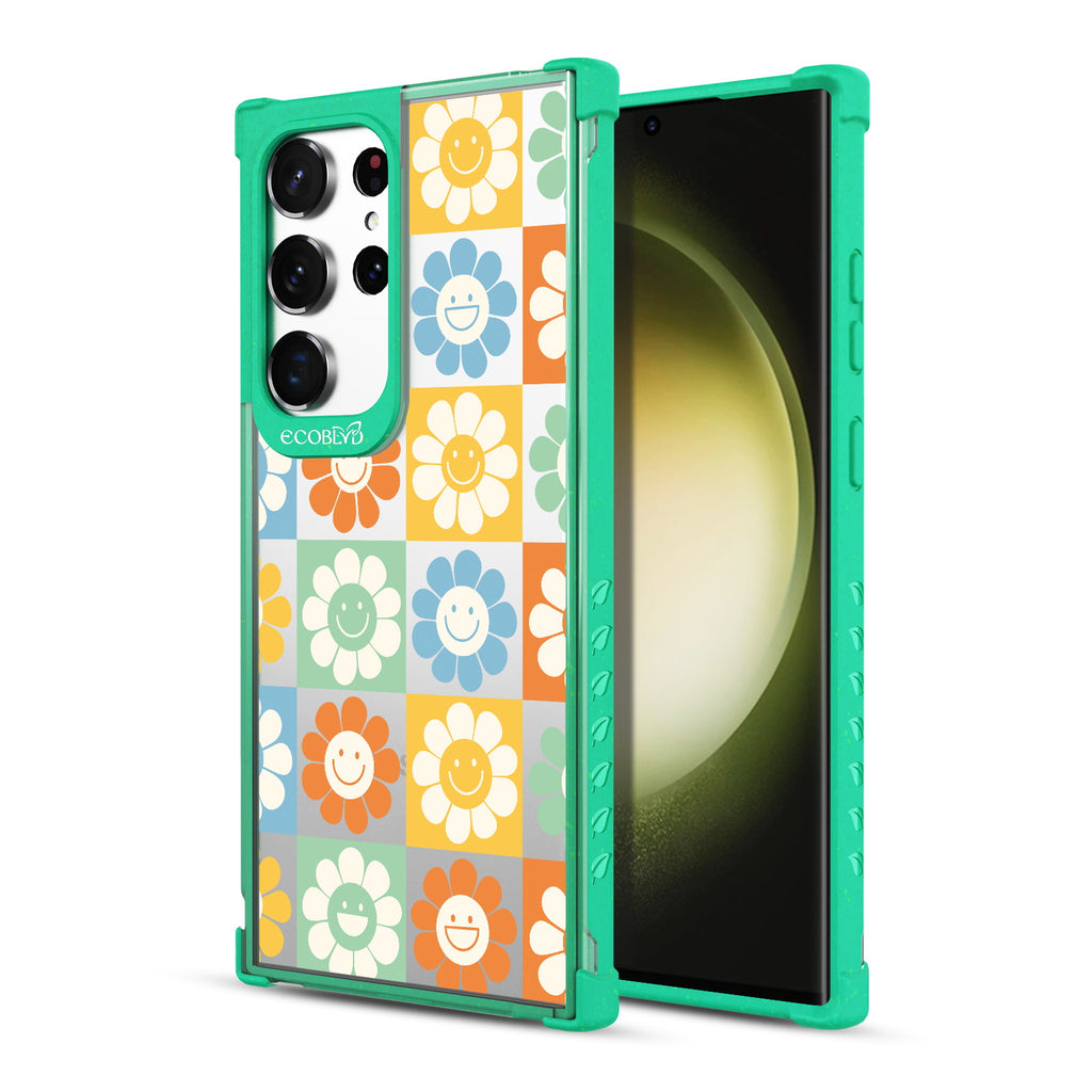 Flower Power - Back View Of Green & Clear Eco-Friendly Galaxy S23 Ultra Case & A Front View Of The Screen