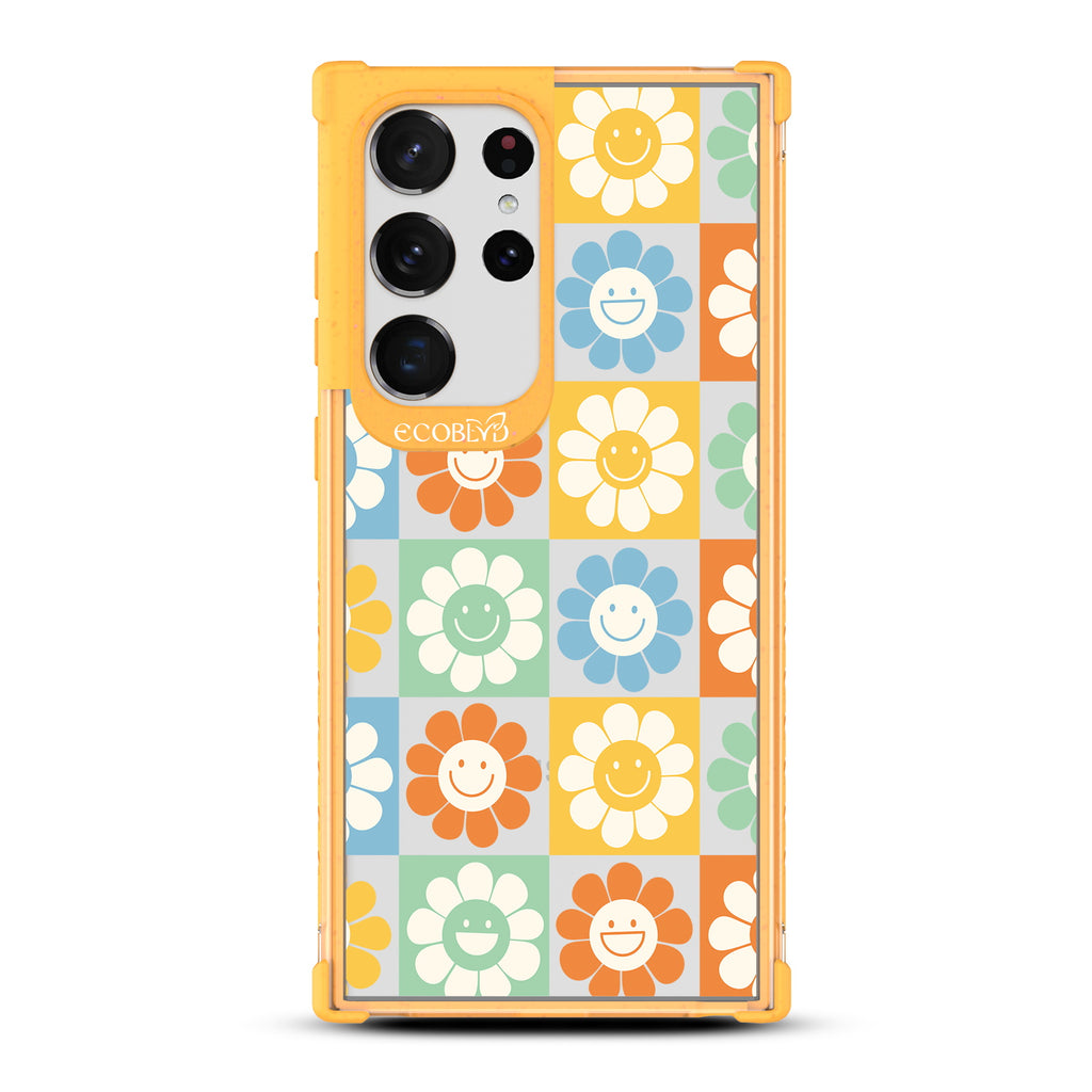 Flower Power - Yellow Eco-Friendly Galaxy S23 Ultra Case With 70's Gingham Cartoon Flowers W/ Smiley Faces Pattern On A Clear Back
