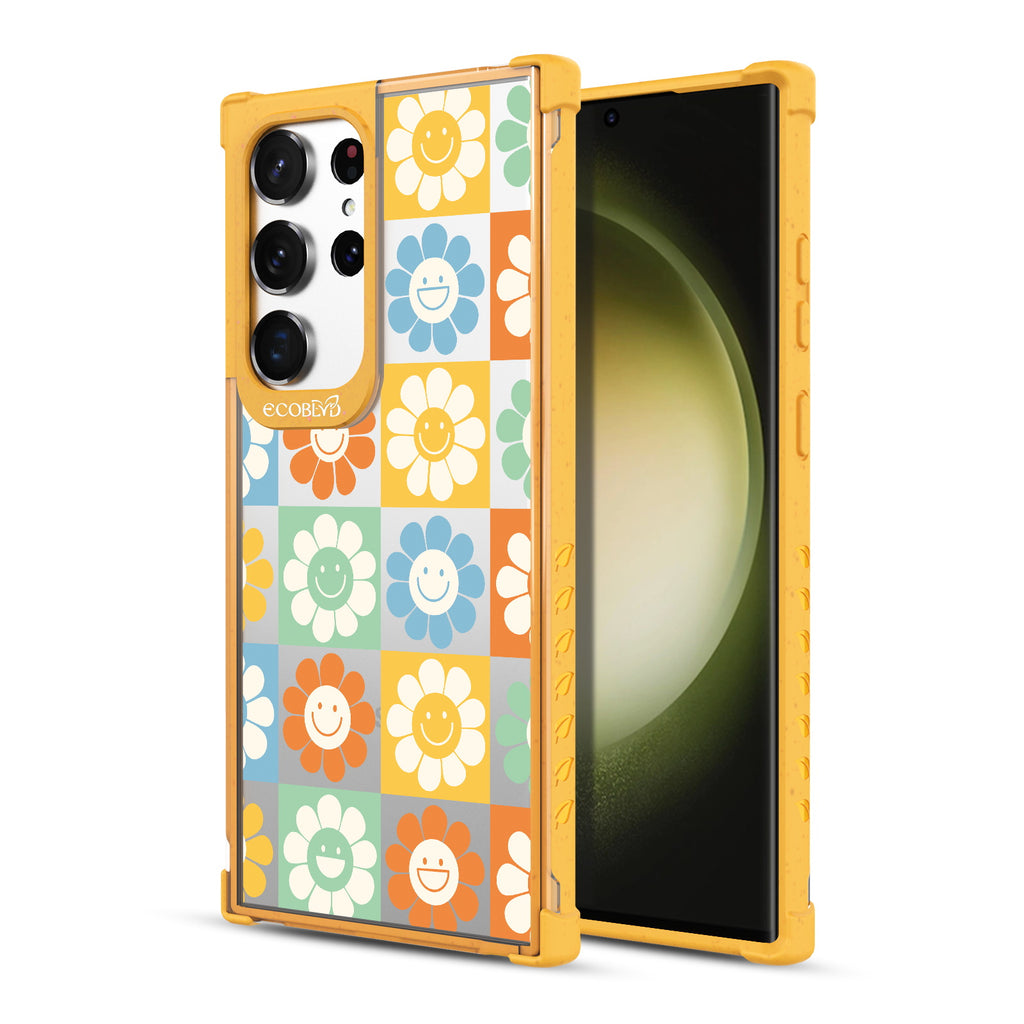 Flower Power - Back View Of Yellow & Clear Eco-Friendly Galaxy S23 Ultra Case & A Front View Of The Screen