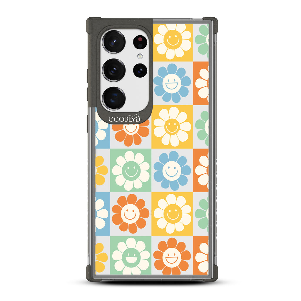 Flower Power - Black Eco-Friendly Galaxy S23 Ultra Case With 70's Gingham Cartoon Flowers W/ Smiley Faces Pattern On A Clear Back