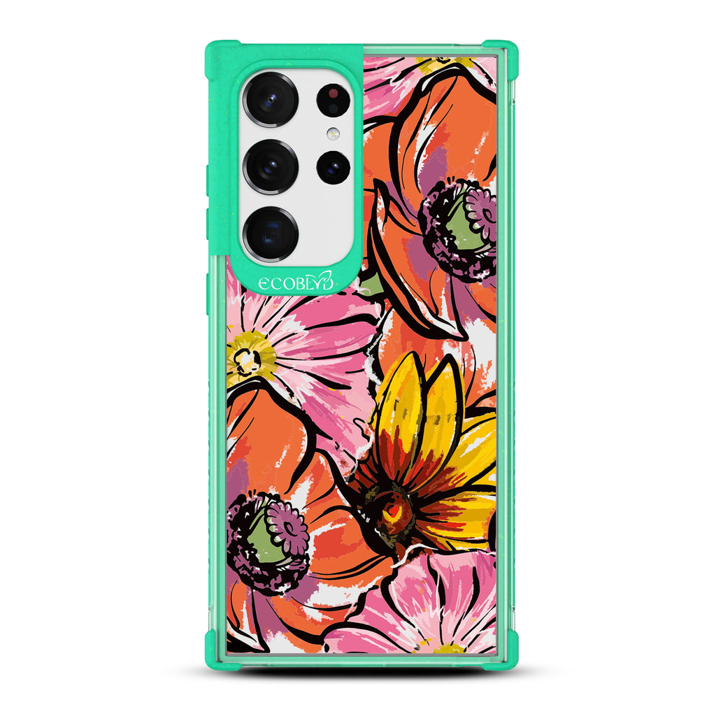 Feeling Lush - Green Eco-Friendly Galaxy S23 Ultra Case With A Watercolor Spring Flowers Painting On A Clear Back