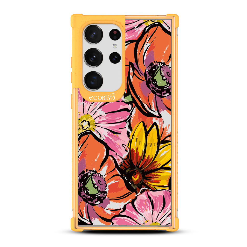 Feeling Lush - Yellow Eco-Friendly Galaxy S23 Ultra Case With A Watercolor Spring Flowers Painting On A Clear Back