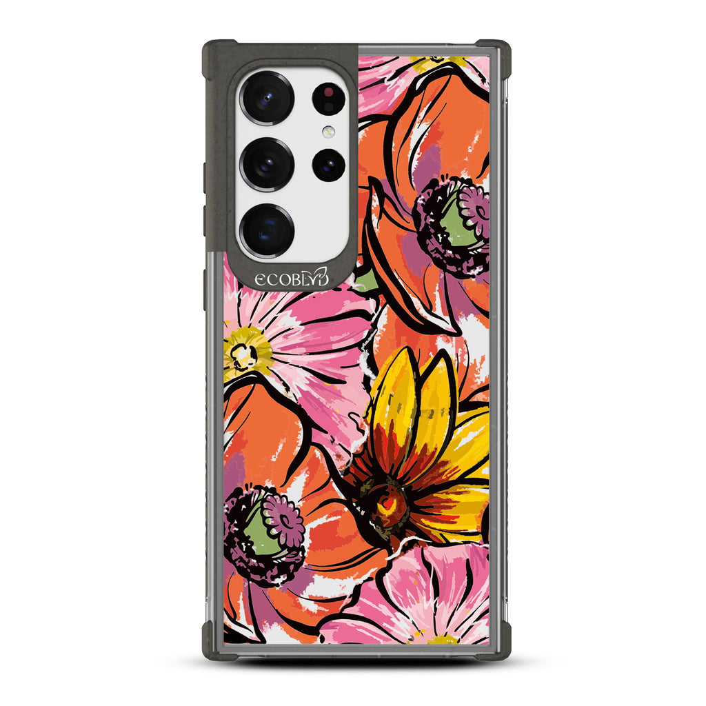 Feeling Lush - Black Eco-Friendly Galaxy S23 Ultra Case With A Watercolor Spring Flowers Painting On A Clear Back