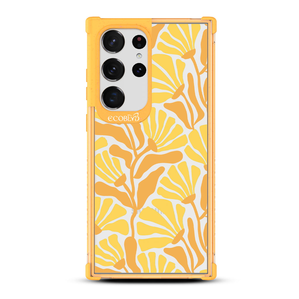 Floral Escape - Yellow Eco-Friendly Galaxy S23 Ultra Case With Tropical Flowers With Tan Base & Blue Petals On A Clear Back