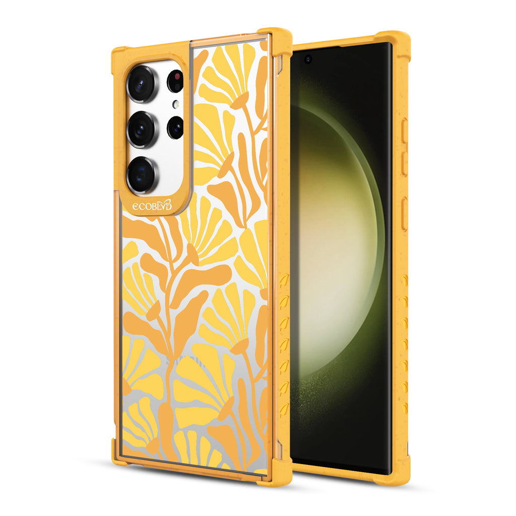 Floral Escape - Back View Of Yellow & Clear Eco-Friendly Galaxy S23 Ultra Case & A Front View Of The Screen