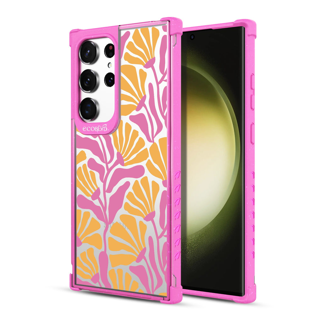 Floral Escape - Back View Of Pink & Clear Eco-Friendly Galaxy S23 Ultra Case & A Front View Of The Screen
