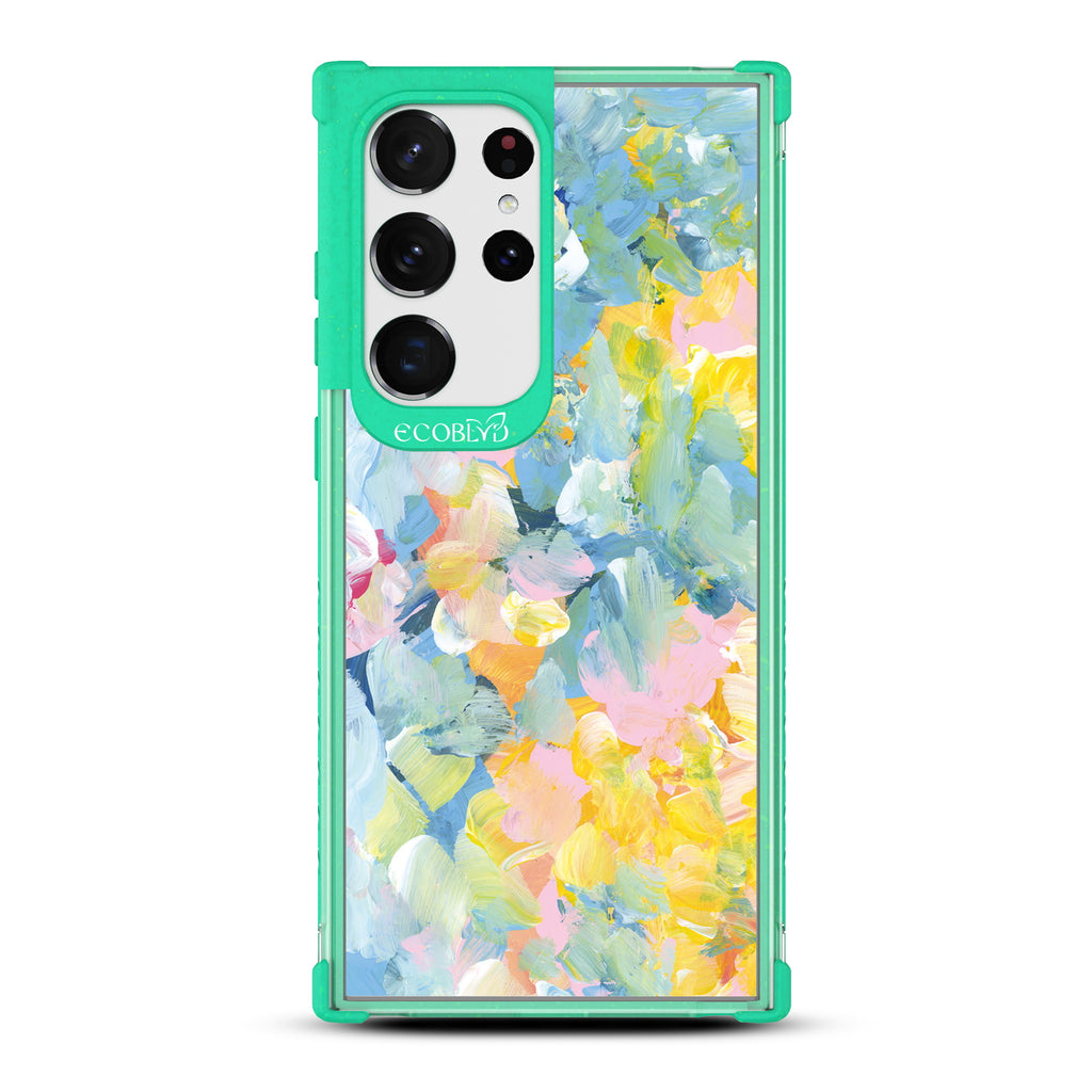 Spring Feeling - Green Eco-Friendly Galaxy S23 Ultra Case With Pastel Acrylic Abstract Paint Smears & Blots On A Clear Back