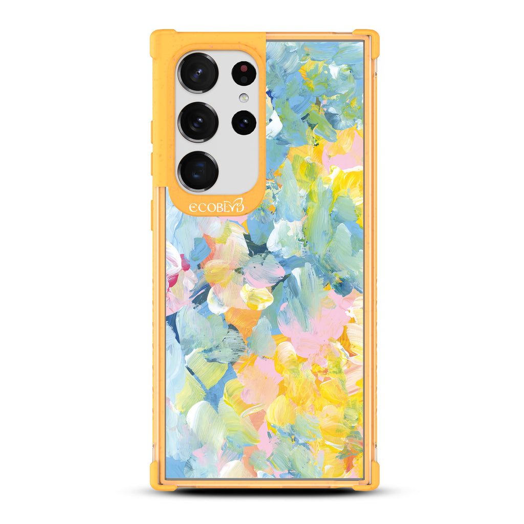 Spring Feeling - Yellow Eco-Friendly Galaxy S23 Ultra Case With Pastel Acrylic Abstract Paint Smears & Blots On A Clear Back
