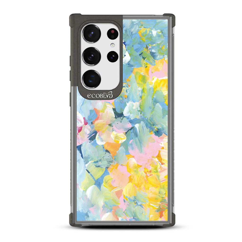 Spring Feeling - Black Eco-Friendly Galaxy S23 Ultra Case With Pastel Acrylic Abstract Paint Smears & Blots On A Clear Back