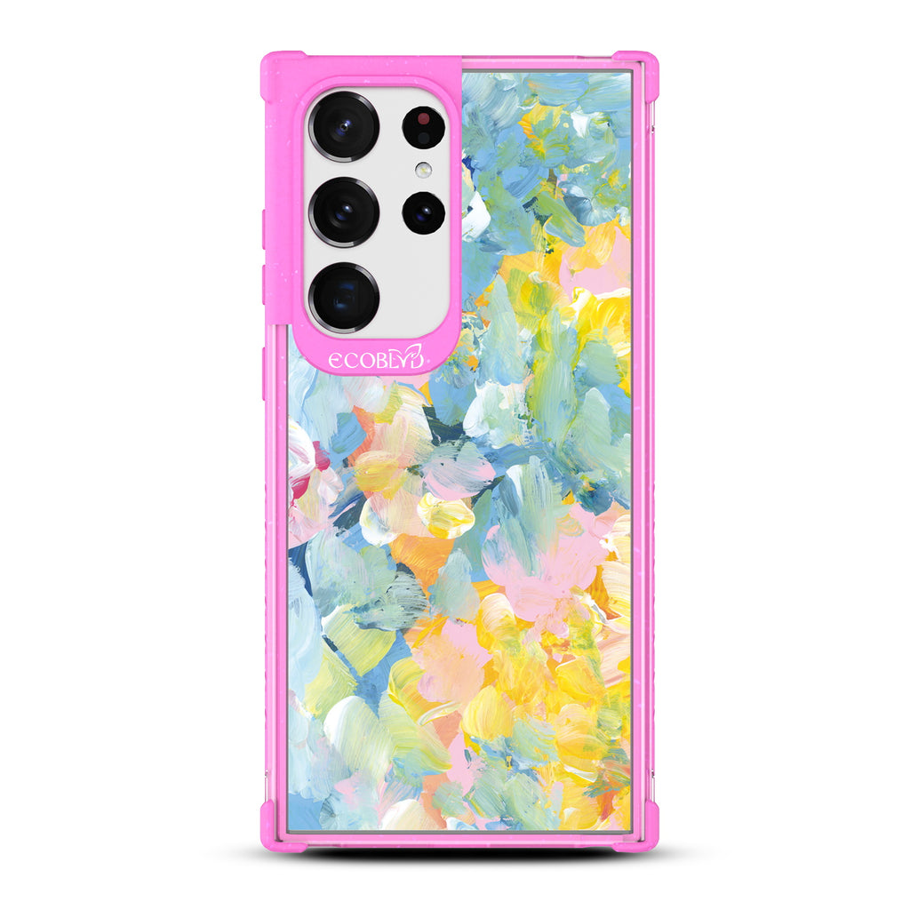 Spring Feeling - Pink Eco-Friendly Galaxy S23 Ultra Case With Pastel Acrylic Abstract Paint Smears & Blots On A Clear Back