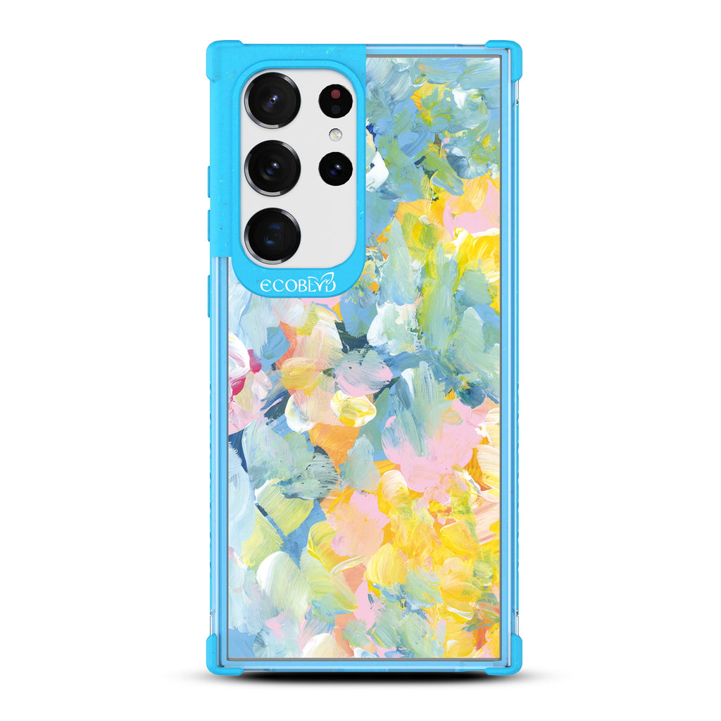 Spring Feeling - Blue Eco-Friendly Galaxy S23 Ultra Case With Pastel Acrylic Abstract Paint Smears & Blots On A Clear Back