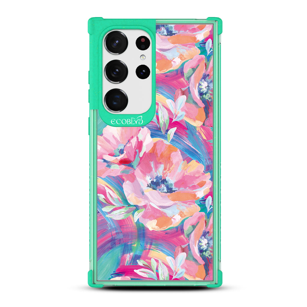Pastel Poppy - Green Eco-Friendly Galaxy S23 Ultra Case With A Pastel-Colored Abstract Painting Of Poppies On A Clear Back