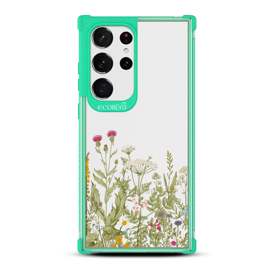 Take Root - Green Eco-Friendly Galaxy S23 Ultra Case With A Wild Herbs & Flowers Botanical Herbarium On A Clear Back