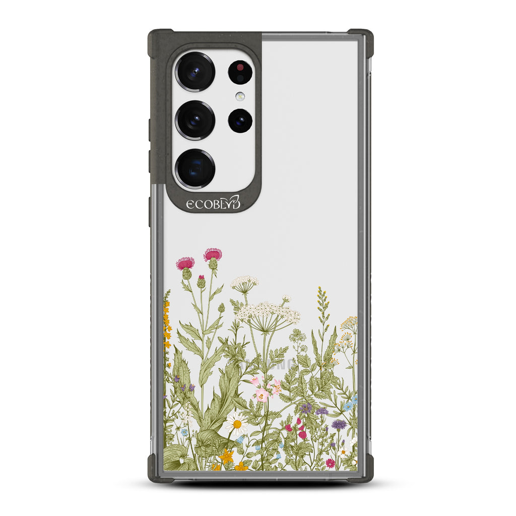  Take Root - Black Eco-Friendly Galaxy S23 Ultra Case With A Wild Herbs & Flowers Botanical Herbarium On A Clear Back